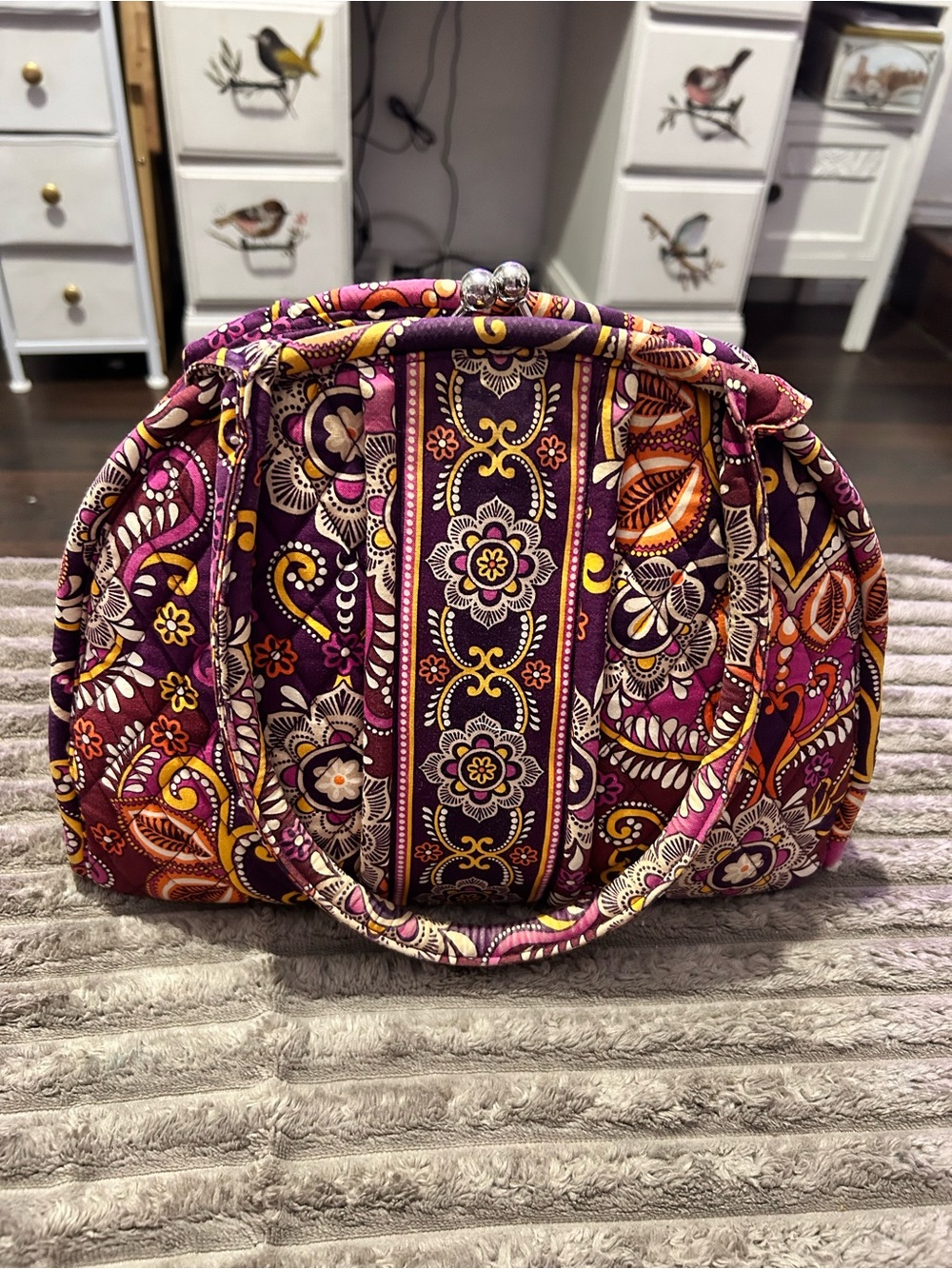Vera Bradley Quilted Floral Frame-Top Wristlet in Purple, Yellow & Pink